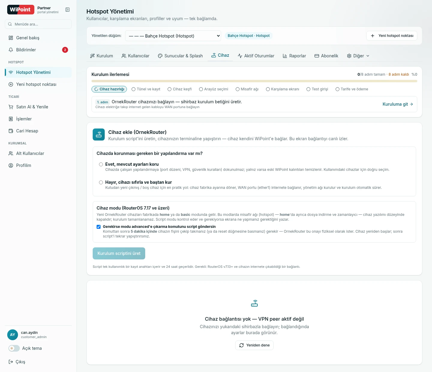 Henüz cihaz bağlanmamış bir hotspot noktasında Cihaz sekmesinin boş görünümü.